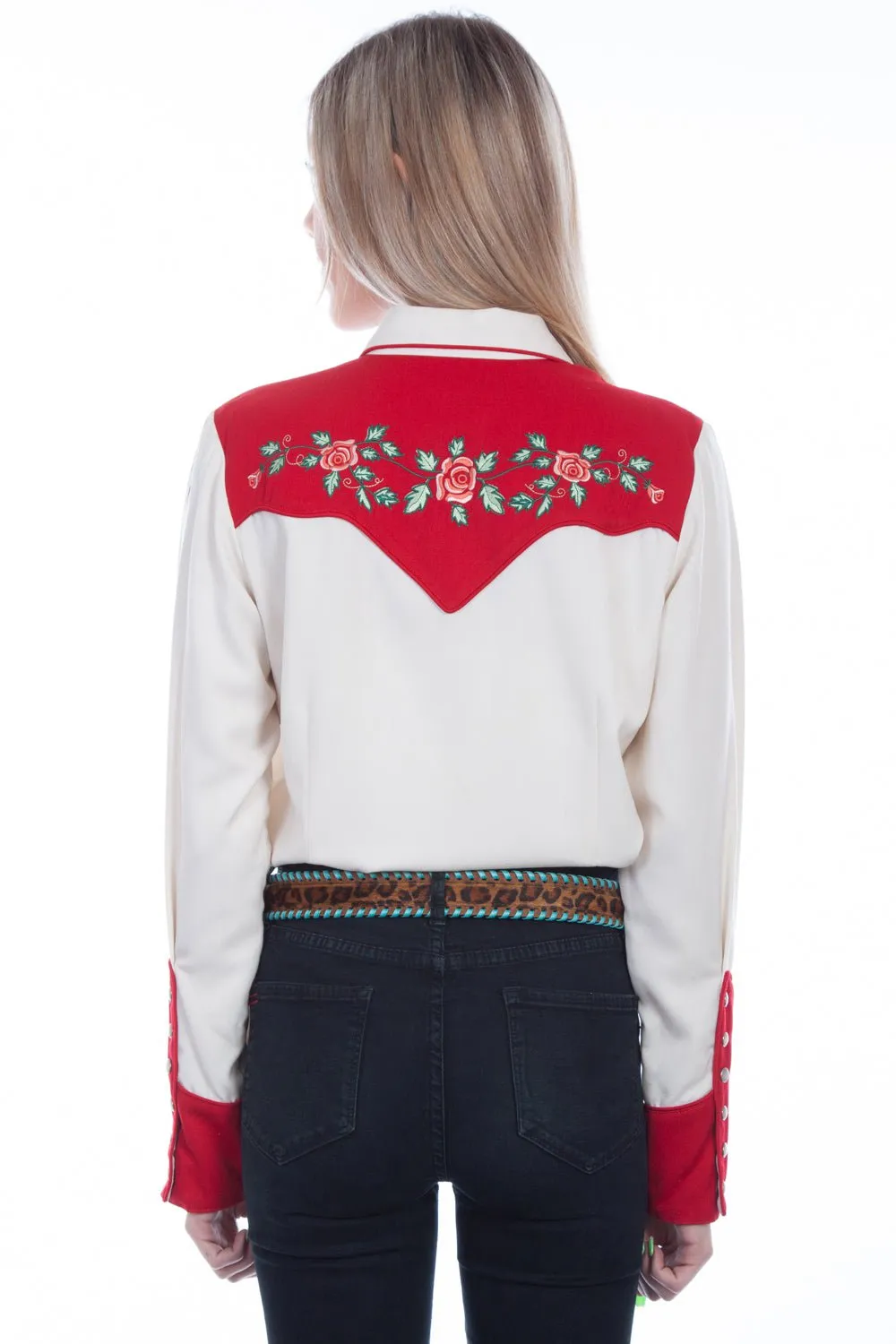 Casual Essentials Scully Womens Ivory/Red Polyester Rose and Vine L/S Shirt