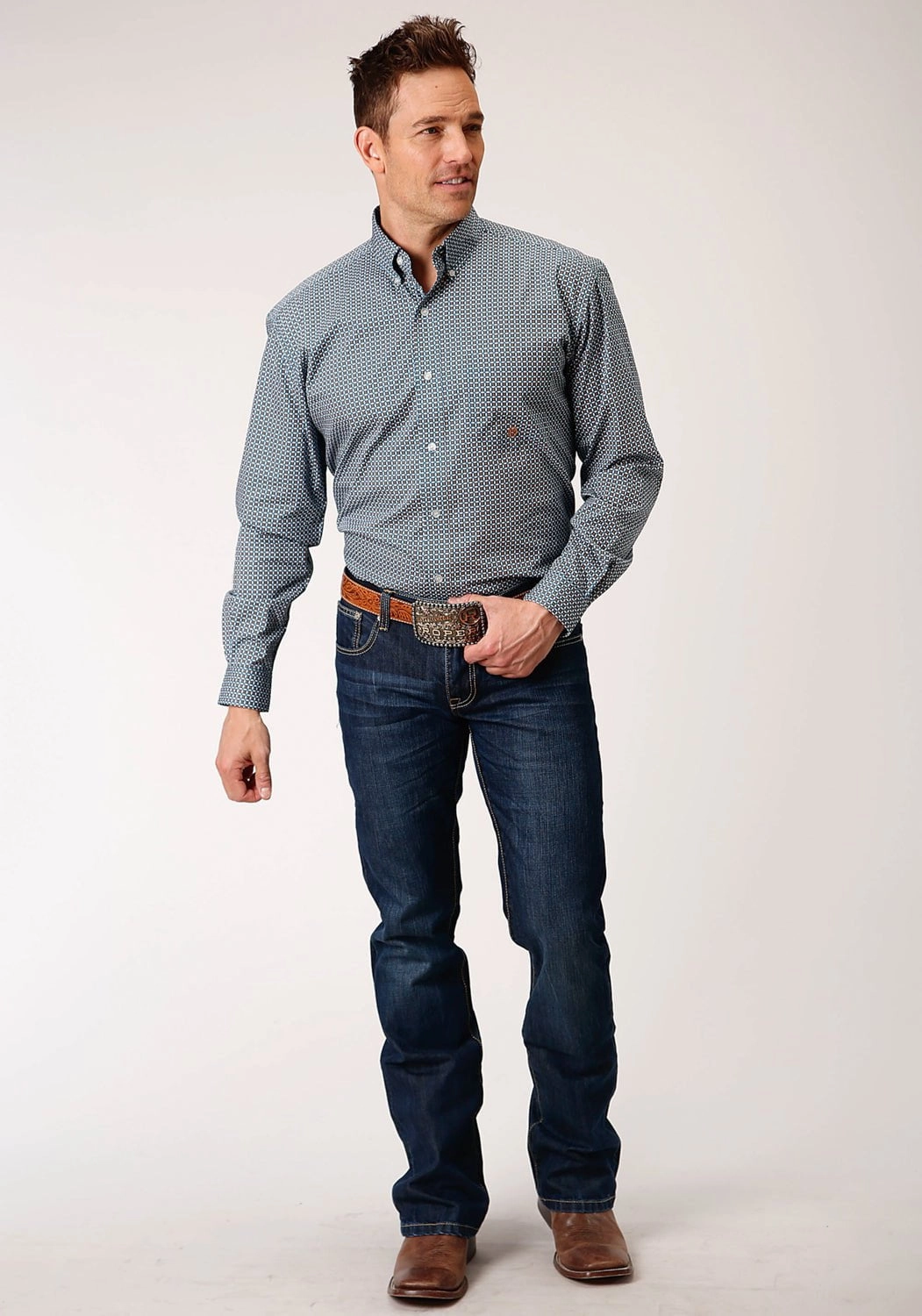 Roper Mens Blue 100% Cotton Geo BD L/S 1 Pocket Shirt adult clothing Soft touch finish