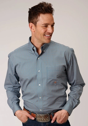 Comfy Look Roper Mens Blue 100% Cotton Geo BD L/S 1 Pocket Shirt high-low hem Roper Mens Blue 100% Cotton Geo BD L/S 1 Pocket Shirt