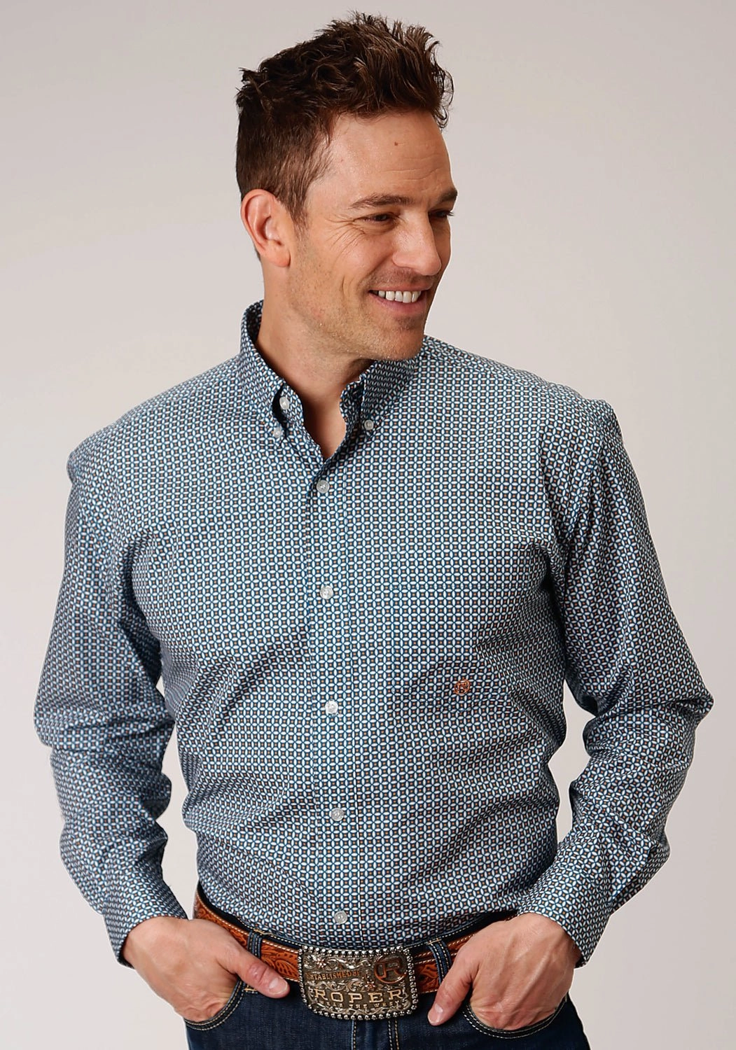 Airflow Ventilation System Roper Mens Blue 100% Cotton Geo BD L/S 1 Pocket Shirt
