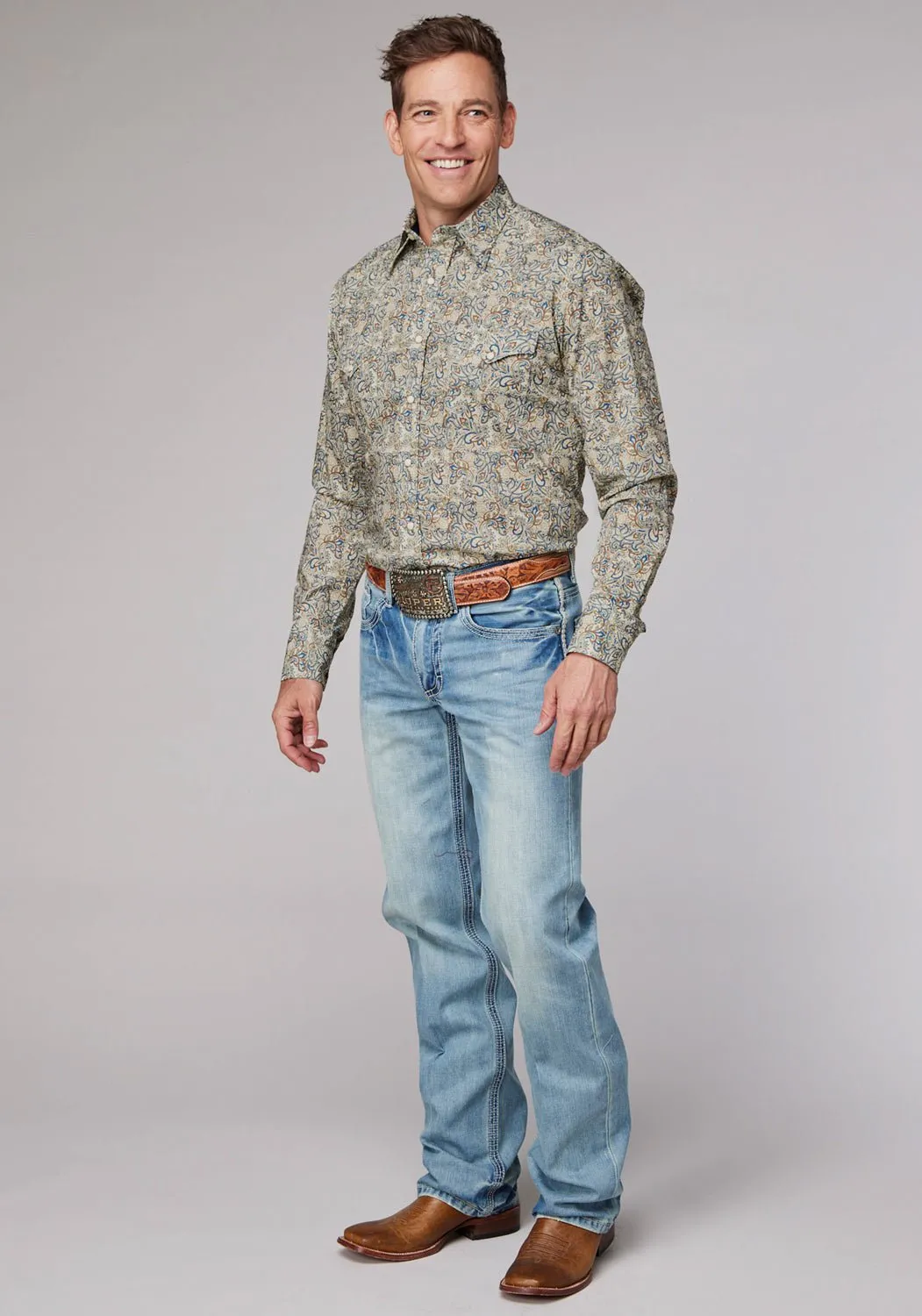 Roper Mens Sketchy Paisley Brown 100% Cotton L/S Shirt Non Iron