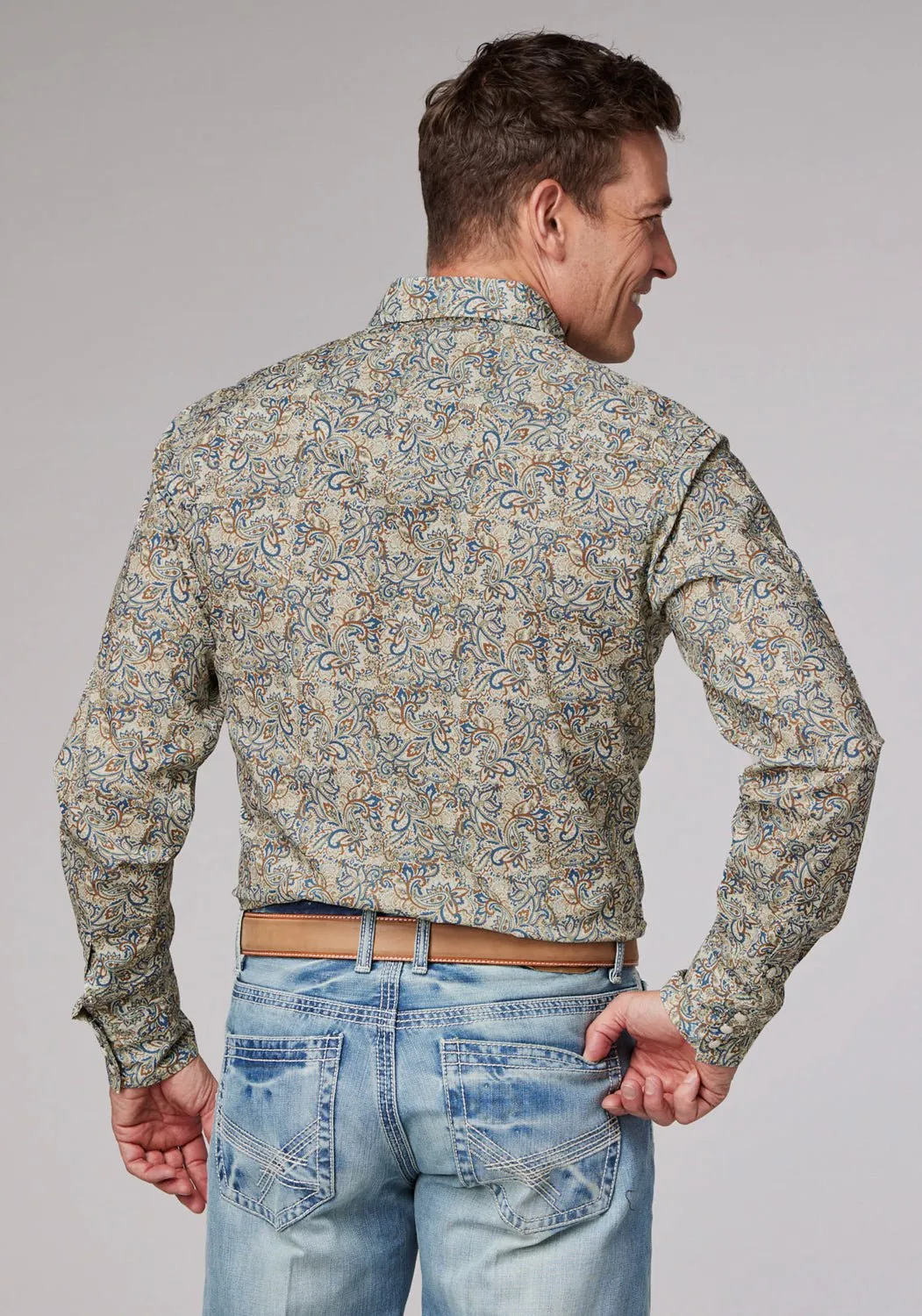 Roper Mens Sketchy Paisley Brown 100% Cotton L/S Shirt Non Irritating Seams Layered Sleeve Cuffs