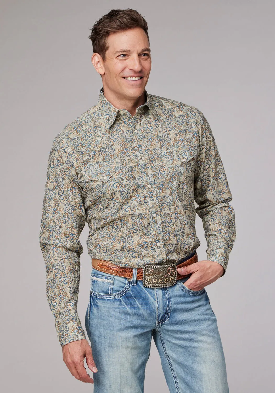Roper Mens Sketchy Paisley Brown 100% Cotton L/S Shirt Versatile Styling High Street Fashion