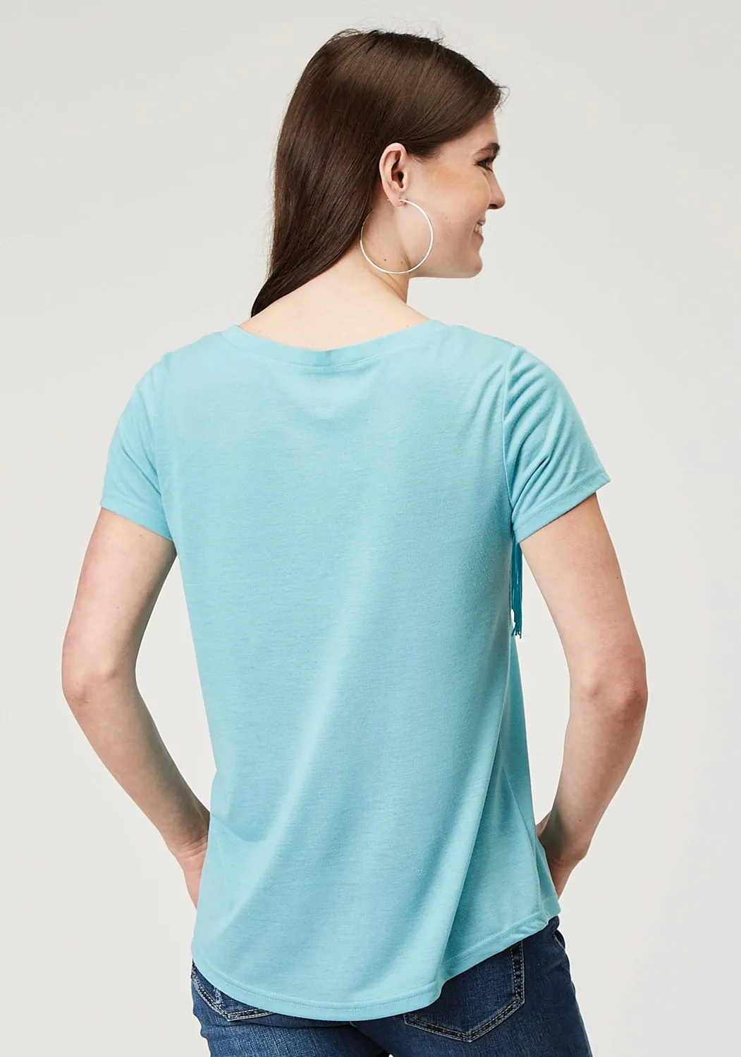 Roper Womens Matching Fringe Light Blue Poly/Cotton S/S T-Shirt Versatile Fit