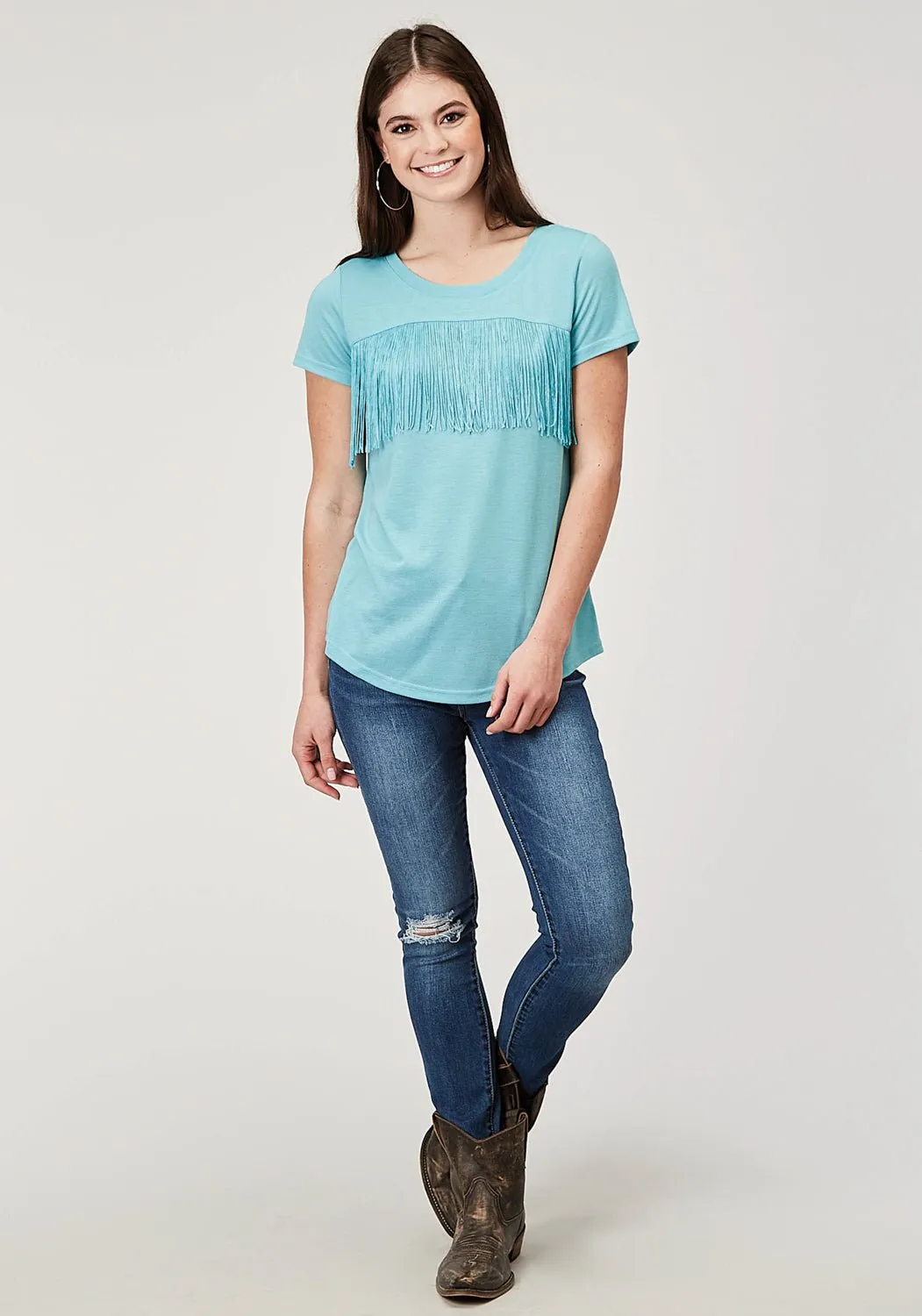 Slim Silhouette Roper Womens Matching Fringe Light Blue Poly/Cotton S/S T-Shirt