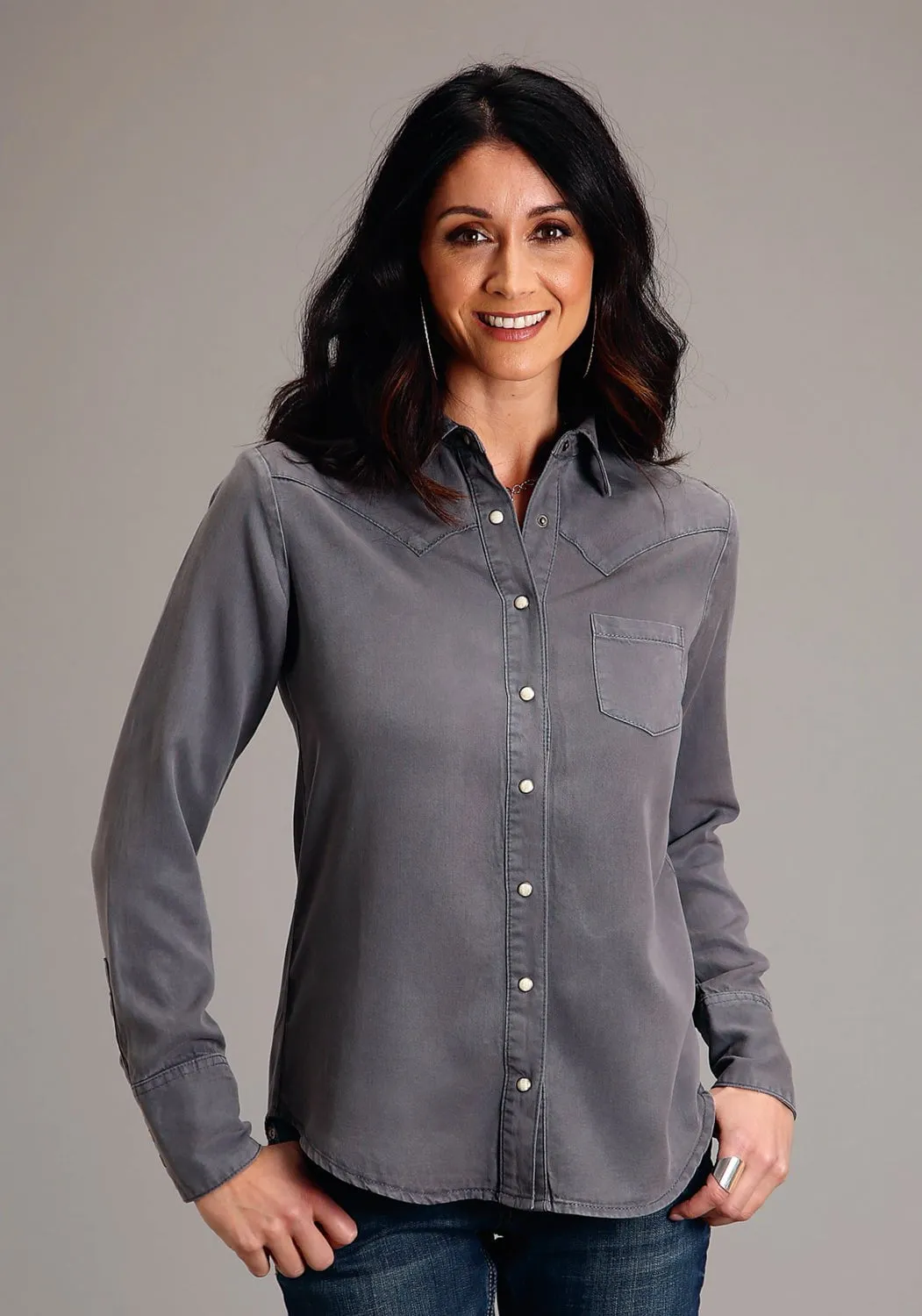 Stetson Womens Western Twill Grey Lyocell L/S Blouse Smooth Seam Finish