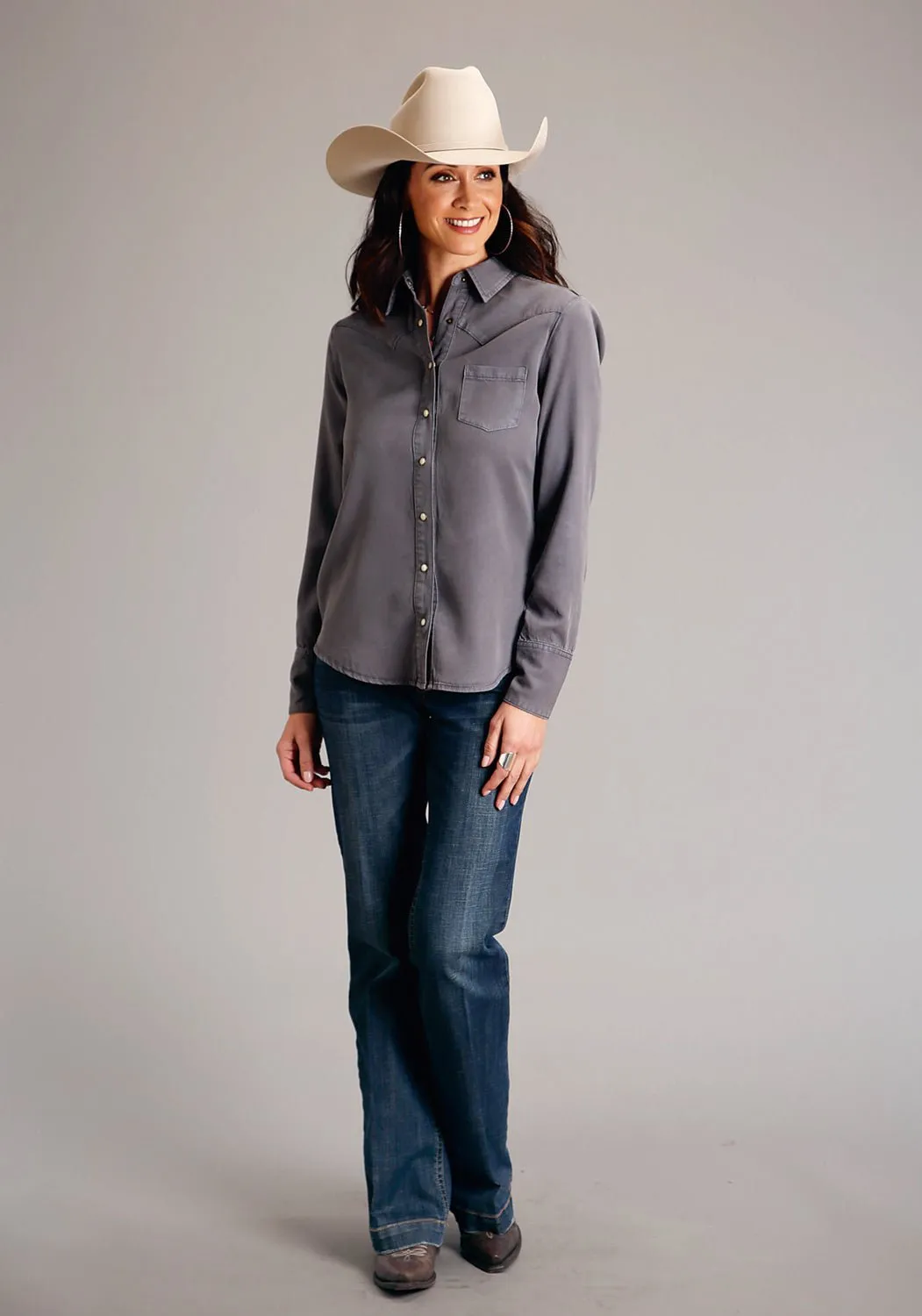 High-End Look Stetson Womens Western Twill Grey Lyocell L/S Blouse