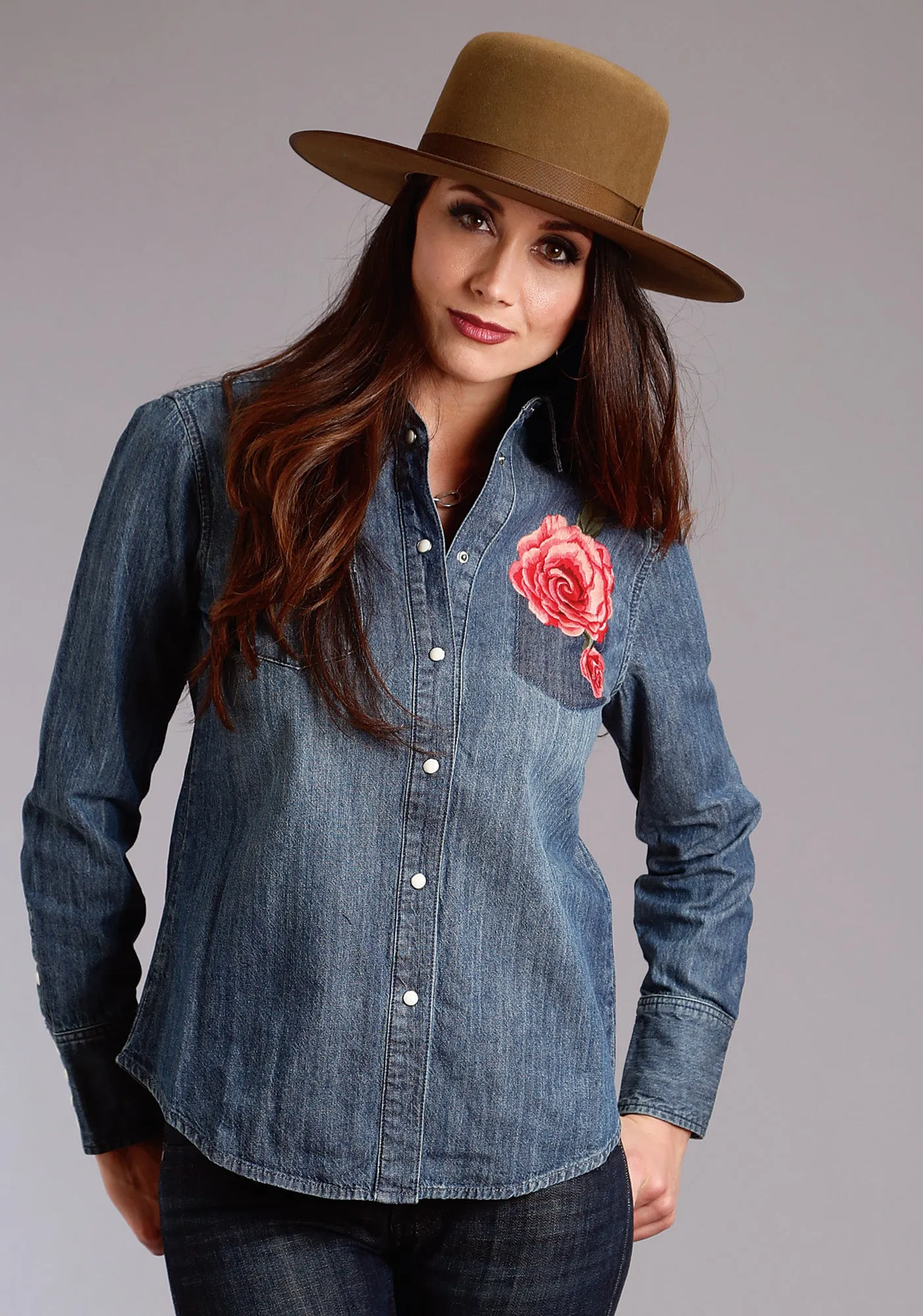 Contemporary Design Stetson Womens Rose Boyfriend Fit Blue 100% Cotton L/S Shirt