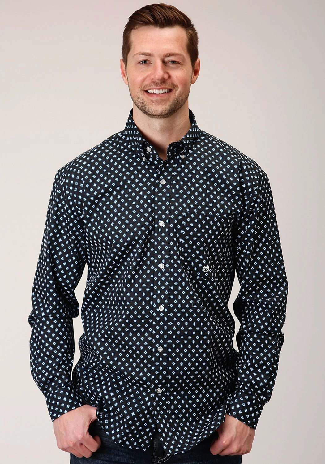 Roper Mens Black 100% Cotton New Star Foulard BD L/S 1 Pkt Shirt Casual Comfort