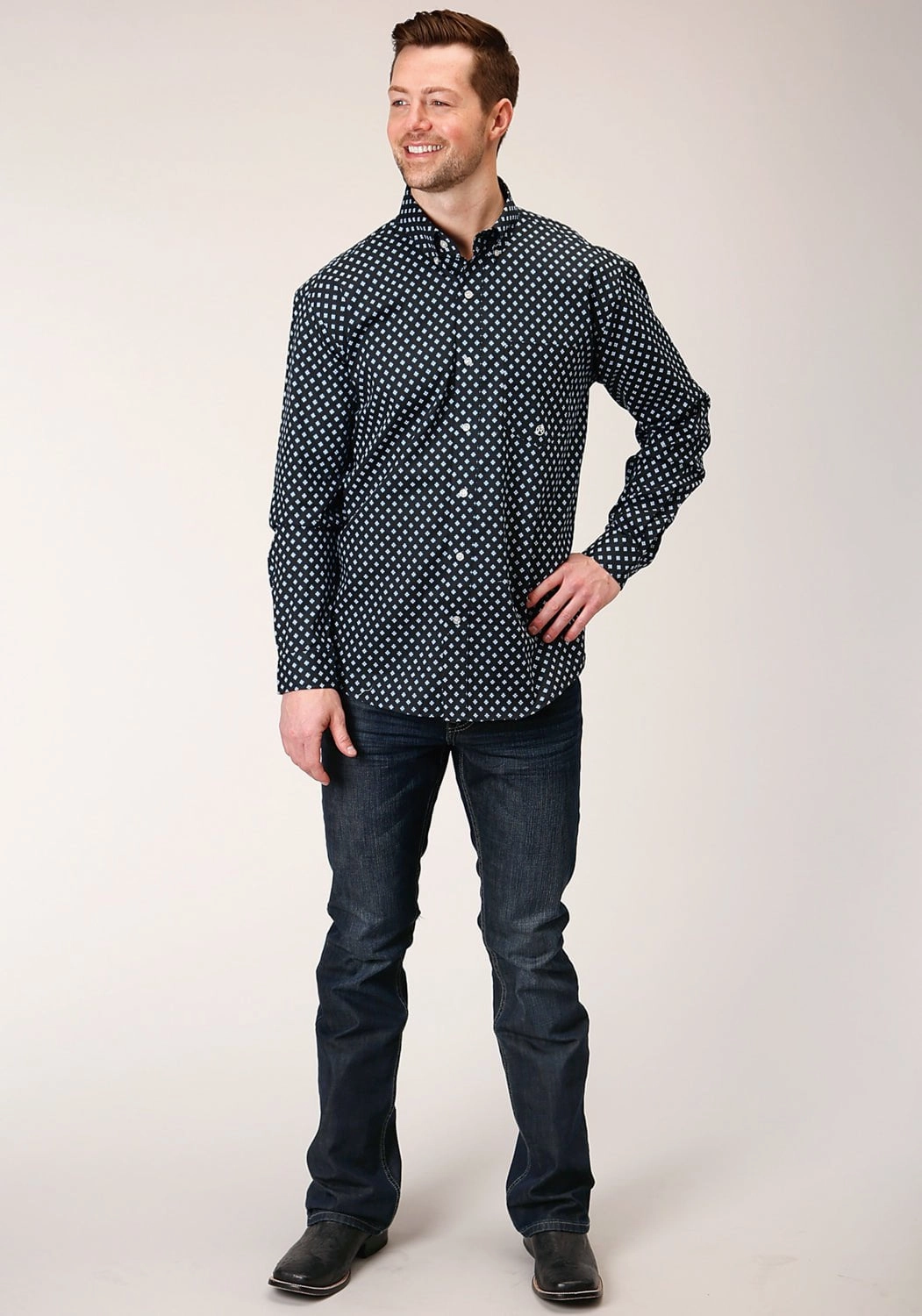 All-Day Wear Layered Look Roper Mens Black 100% Cotton New Star Foulard BD L/S 1 Pkt Shirt
