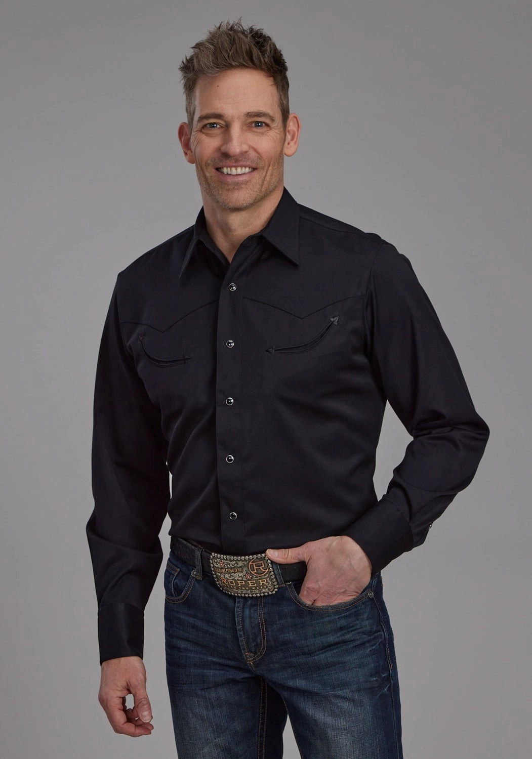 Double Stitched Hems Roper Mens Flag Longhorn Skull Black Poly/Rayon L/S Shirt