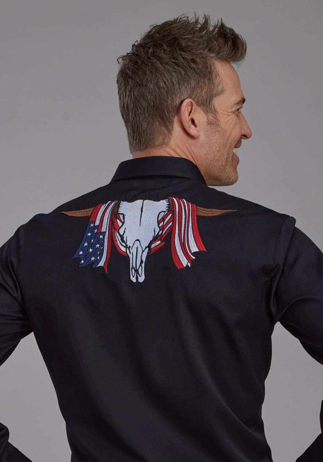 Roper Mens Flag Longhorn Skull Black Poly/Rayon L/S Shirt Unisex style Weekend Outing