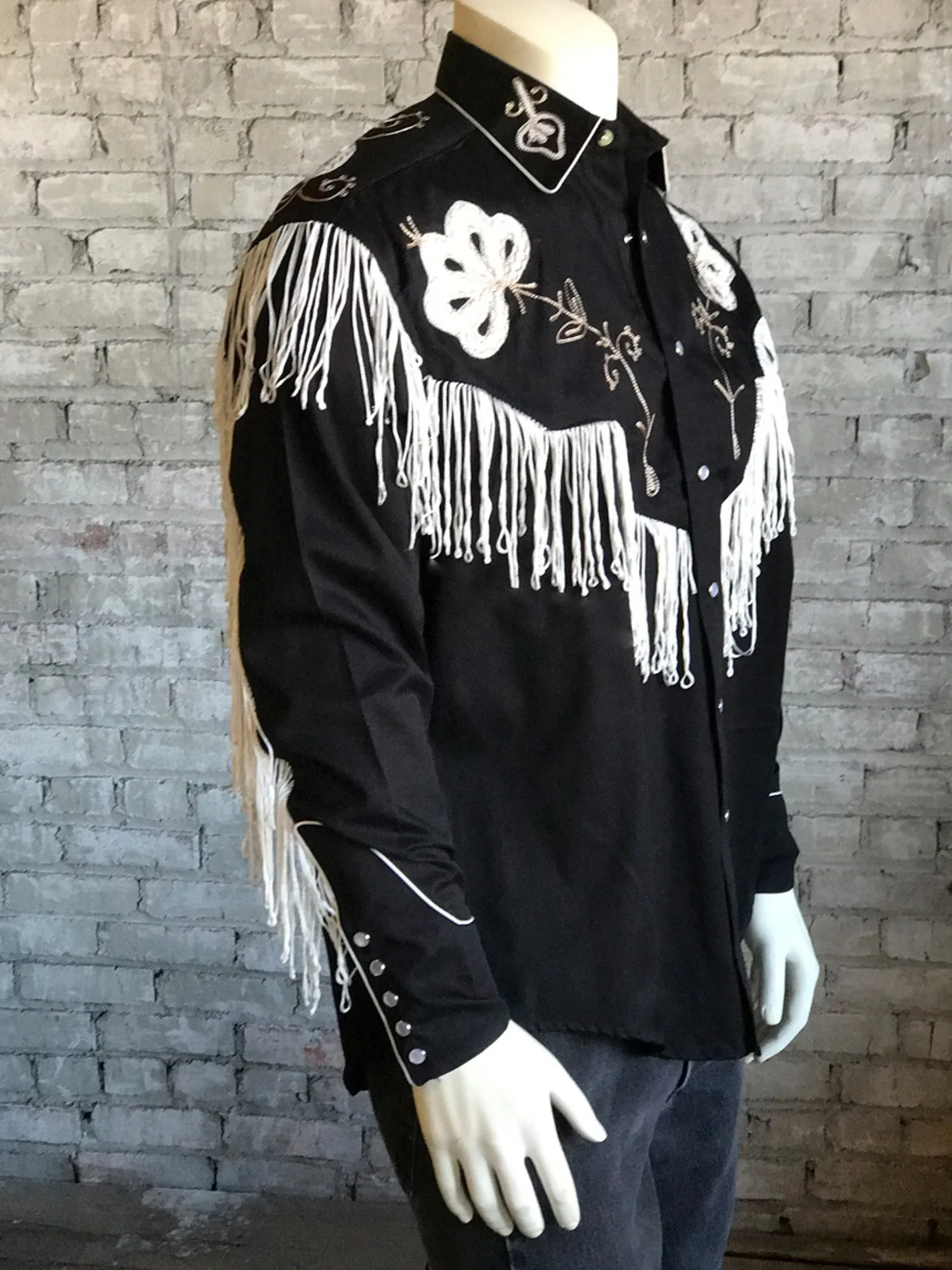 Rockmount Mens Black 100% Cotton Vintage Fringe Western L/S Shirt Geometric Shape