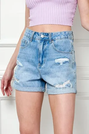 Conner Washed Denim Distressed Roll Up Shorts Pre Shrunk Material Natural Style Versatile Relaxed Style Conner Washed Denim Distressed Roll Up Shorts