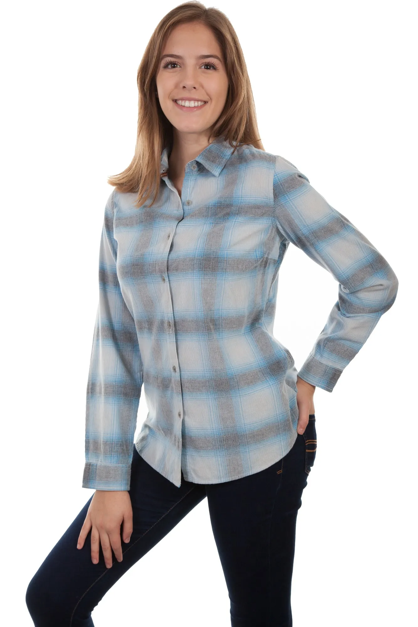 Scully Womens Blue/White 100% Cotton Plaid L/S Shirt Cool Classic