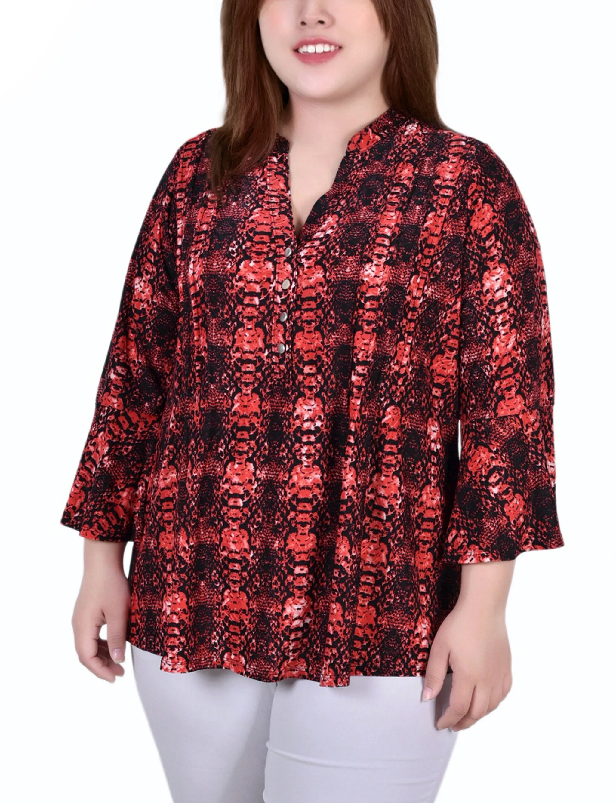 Plus Size 3/4 Bell Sleeve Pleat Front Y Neck Top Vibe Choice Cozy Wear