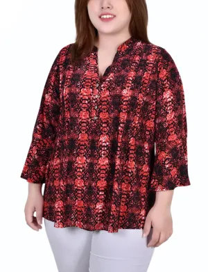 Contemporary Style Plus Size 3/4 Bell Sleeve Pleat Front Y Neck Top Recycled-Material Day Outfit Plus Size 3/4 Bell Sleeve Pleat Front Y Neck Top