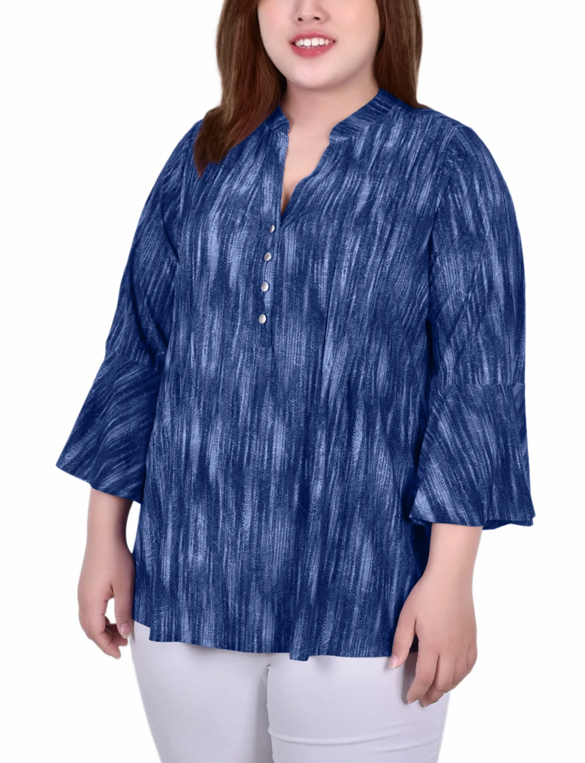 Chill Design Formal Outfit Plus Size 3/4 Bell Sleeve Pleat Front Y Neck Top