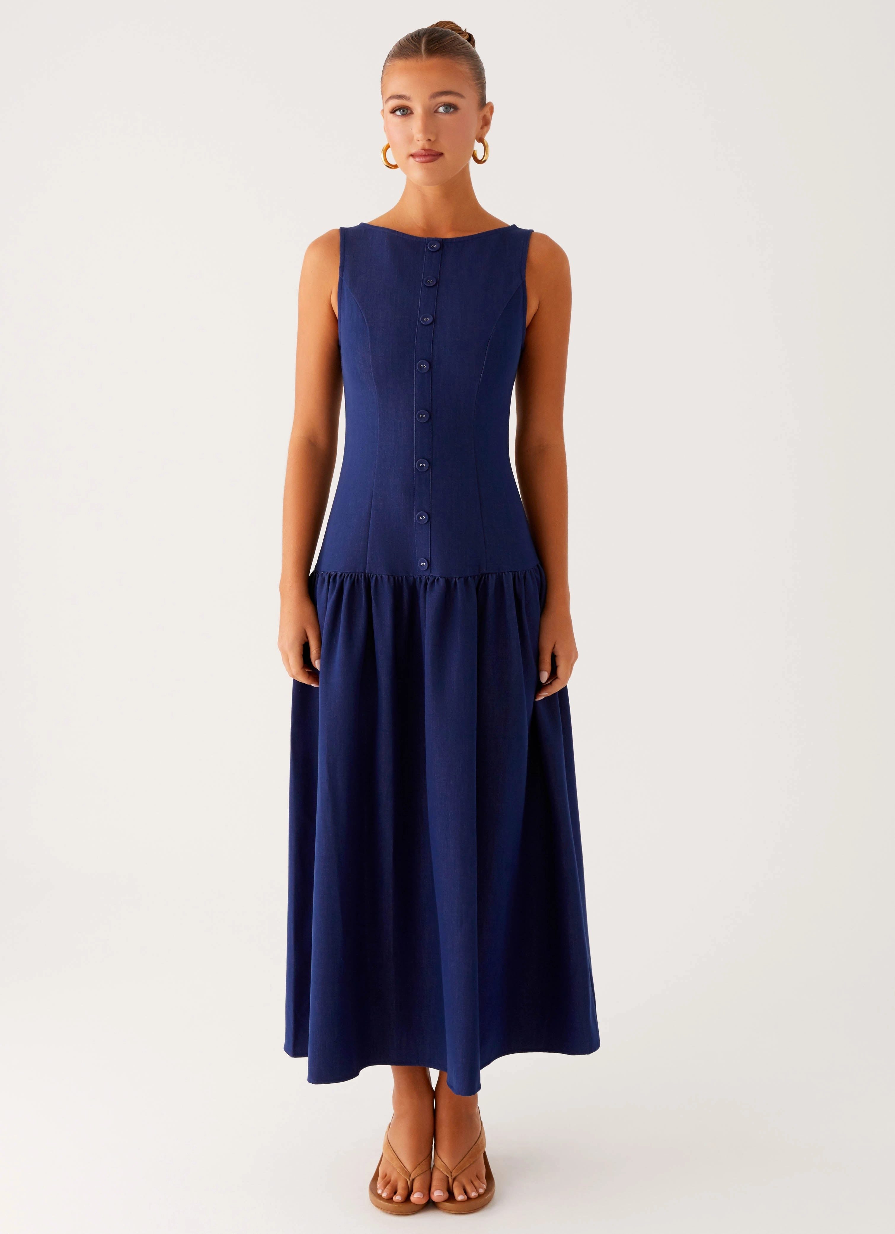 Work Comfort Sleek Volume Hayes Denim Midi Dress - Indigo