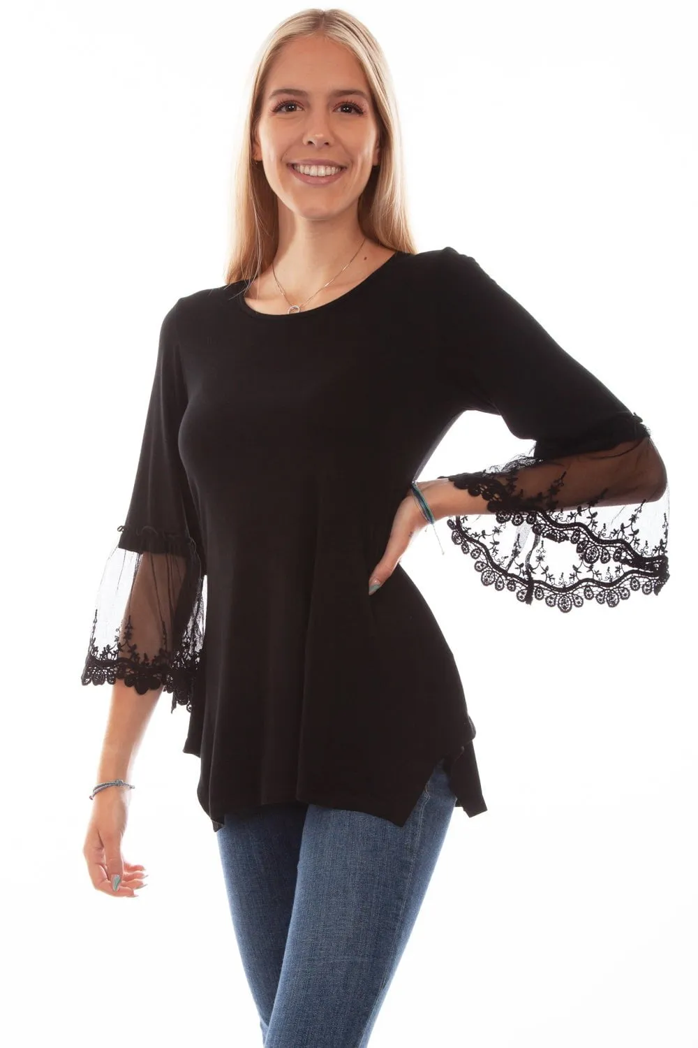Performance Fabric Anti Pilling Finish Scully Womens Tulle Crochet Black Rayon S/S Tunic