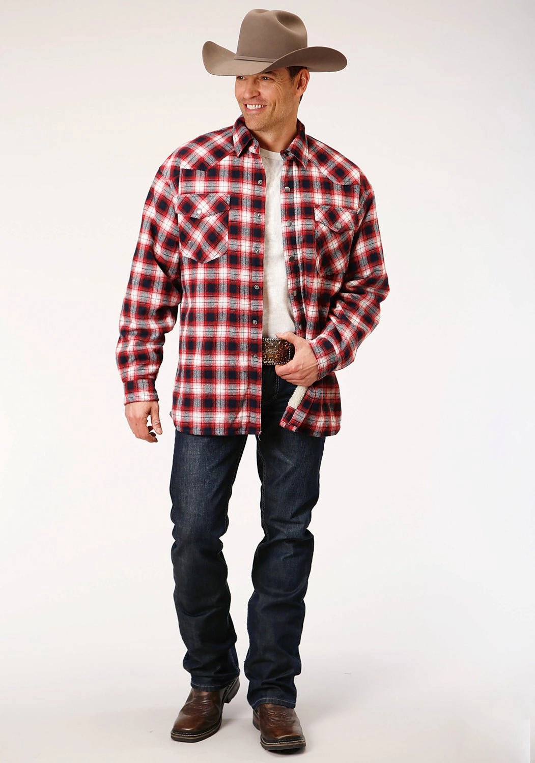 Smart Casual Wear Roper Mens Red 100% Cotton Sherpa Flannel Plaid L/S Shirt