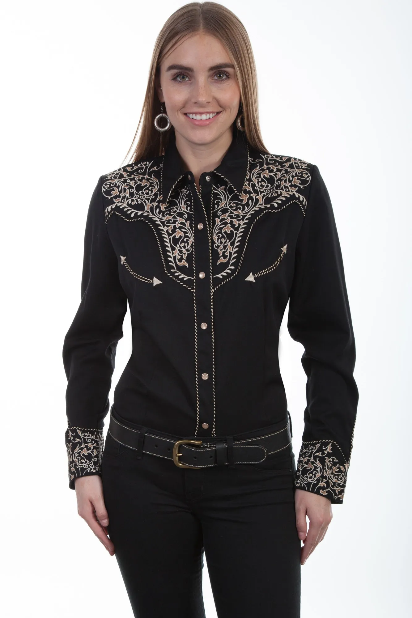 Scully Womens Black Poly/Rayon Scroll L/S Blouse High Quality Holiday Vibes Winter Warmth