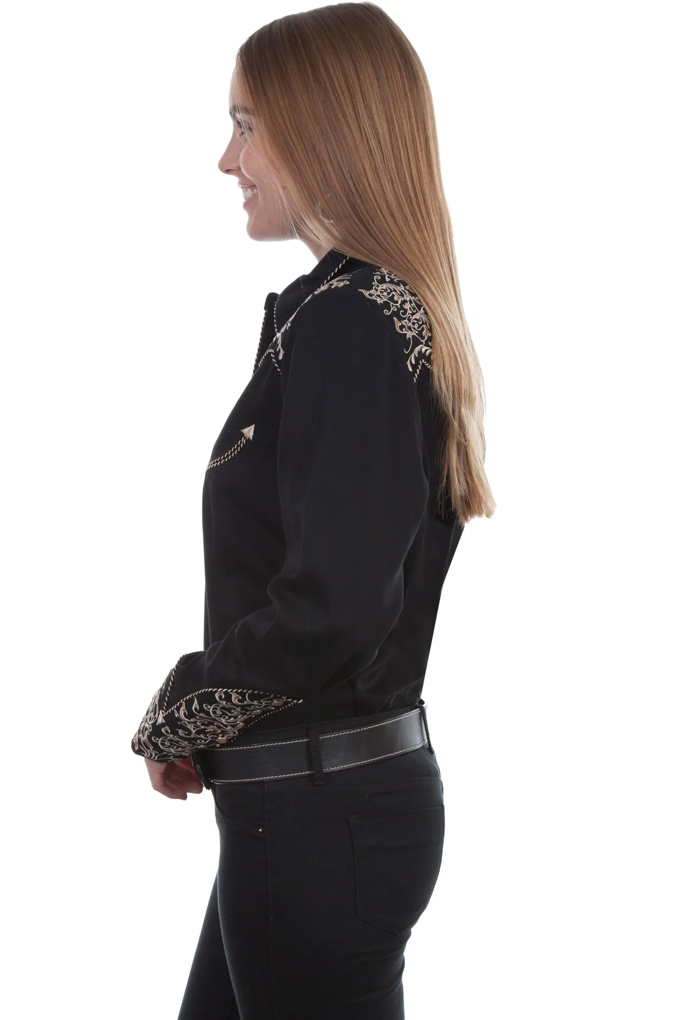Artist Vibe Travel Outfit Scully Womens Black Poly/Rayon Scroll L/S Blouse