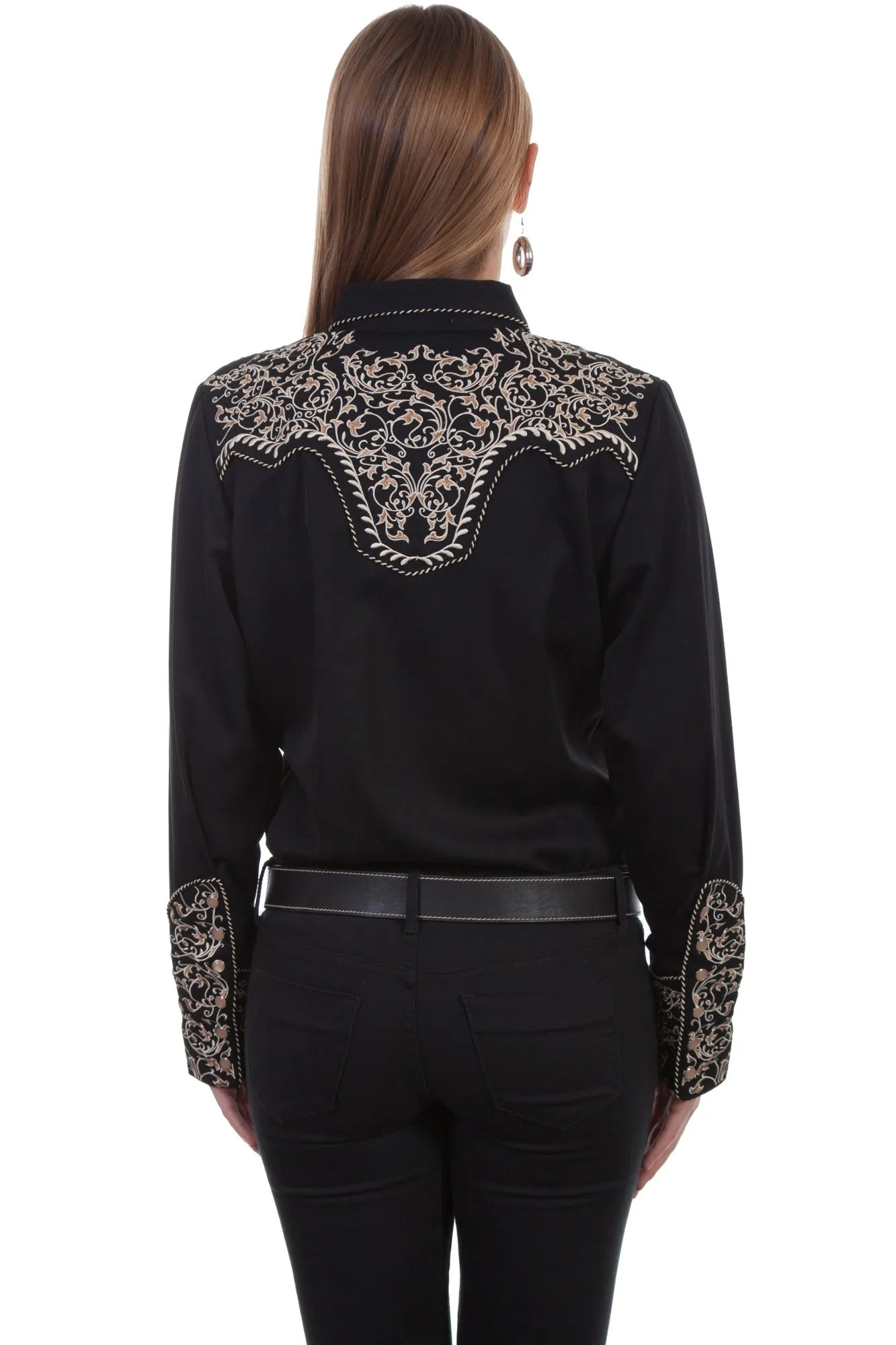 Unisex Fit Scully Womens Black Poly/Rayon Scroll L/S Blouse