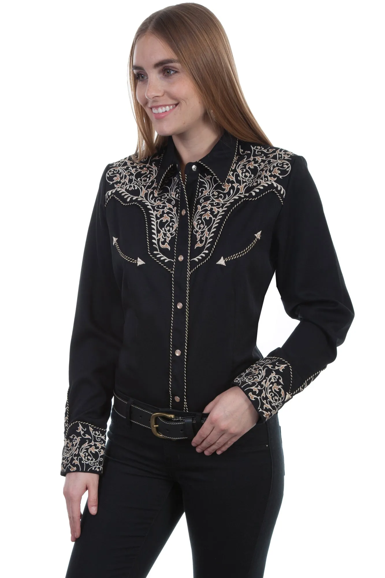 Scully Womens Black Poly/Rayon Scroll L/S Blouse Modern Minimalist Fashion Lover Outfit Ideas