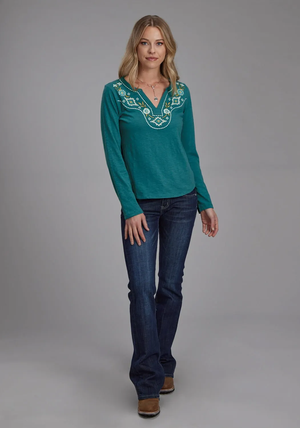 Roper Womens Aztec Floral Yoke Teal 100% Cotton L/S T-Shirt Neutral Style