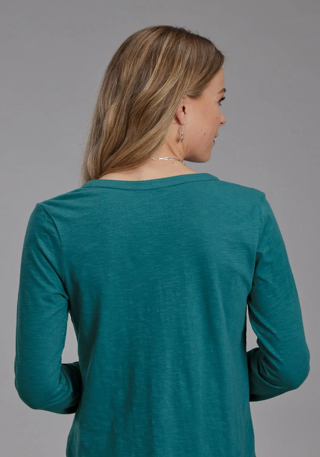 Roper Womens Aztec Floral Yoke Teal 100% Cotton L/S T-Shirt Anti Static Material Blend No Fuss Wear