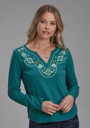 Cool And Simple Roper Womens Aztec Floral Yoke Teal 100% Cotton L/S T-Shirt Roper Womens Aztec Floral Yoke Teal 100% Cotton L/S T-Shirt Everyday Loose Music Event Tailored Appearance