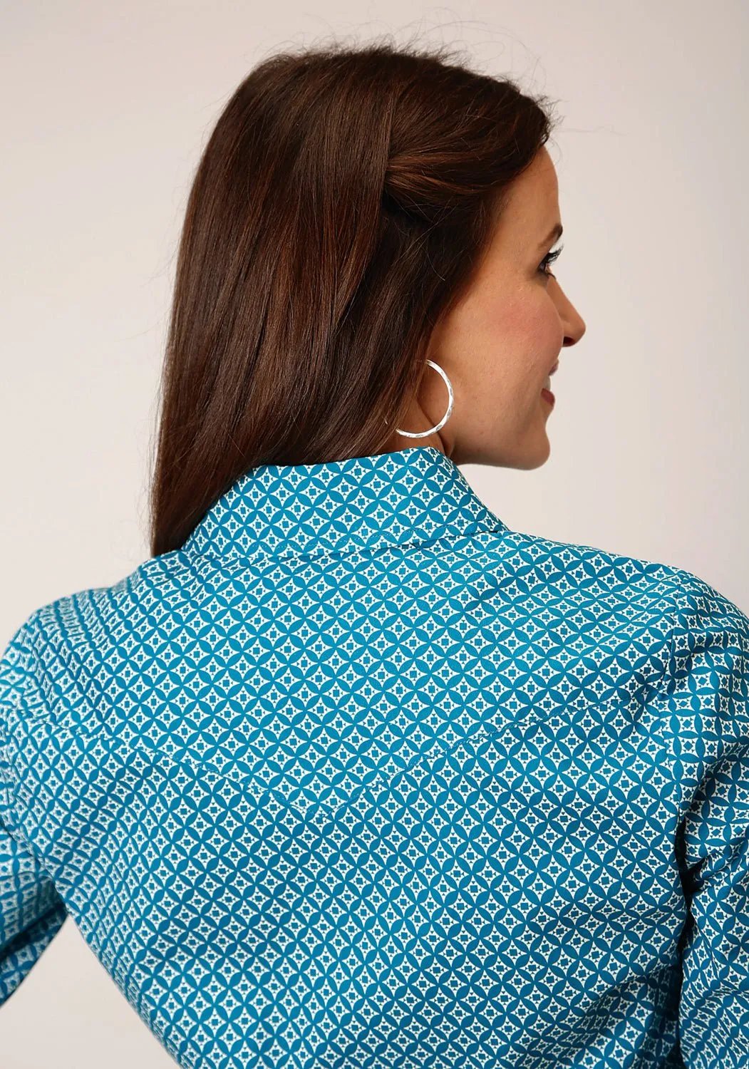 Timeless Piece Quick Dry Construction Roper Womens Diamond Print Turquoise Cotton Blend L/S Shirt