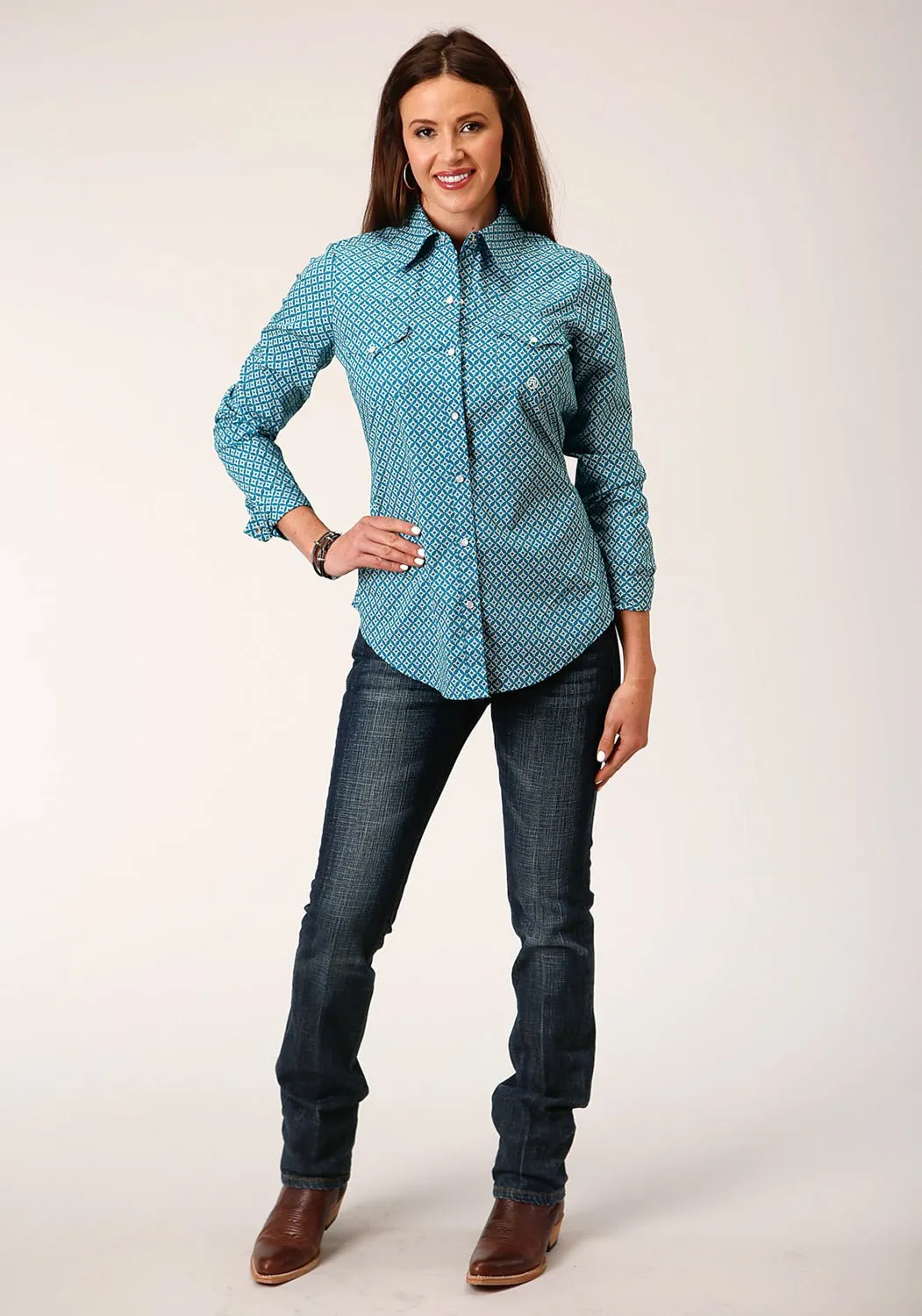 Anti Pill Technology Stretch Material Roper Womens Diamond Print Turquoise Cotton Blend L/S Shirt