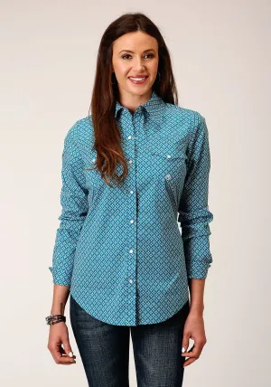 Cool Colors Roper Womens Diamond Print Turquoise Cotton Blend L/S Shirt Summer Camp Roper Womens Diamond Print Turquoise Cotton Blend L/S Shirt