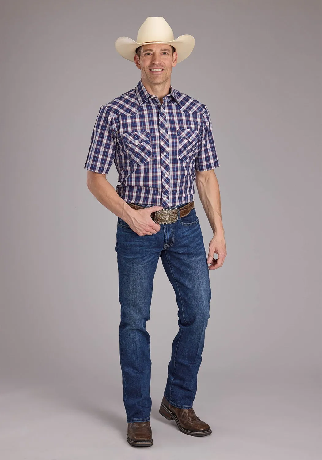 Comfortable Layer Roper Mens 2414 Multi Plaid Blue Cotton Blend S/S Shirt