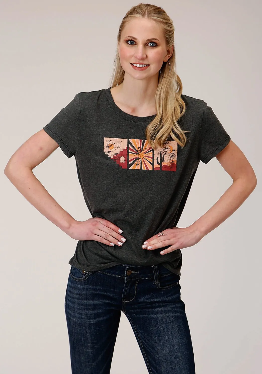 Roper Womens Grey Poly/Rayon Southwestern Scene S/S T-Shirt Breathable Style