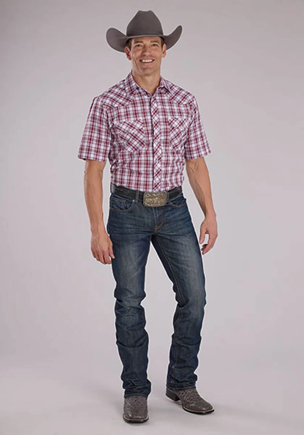 Comfortable Look Roper Mens 2485 Western Plaid Red/White Cotton Blend S/S Shirt