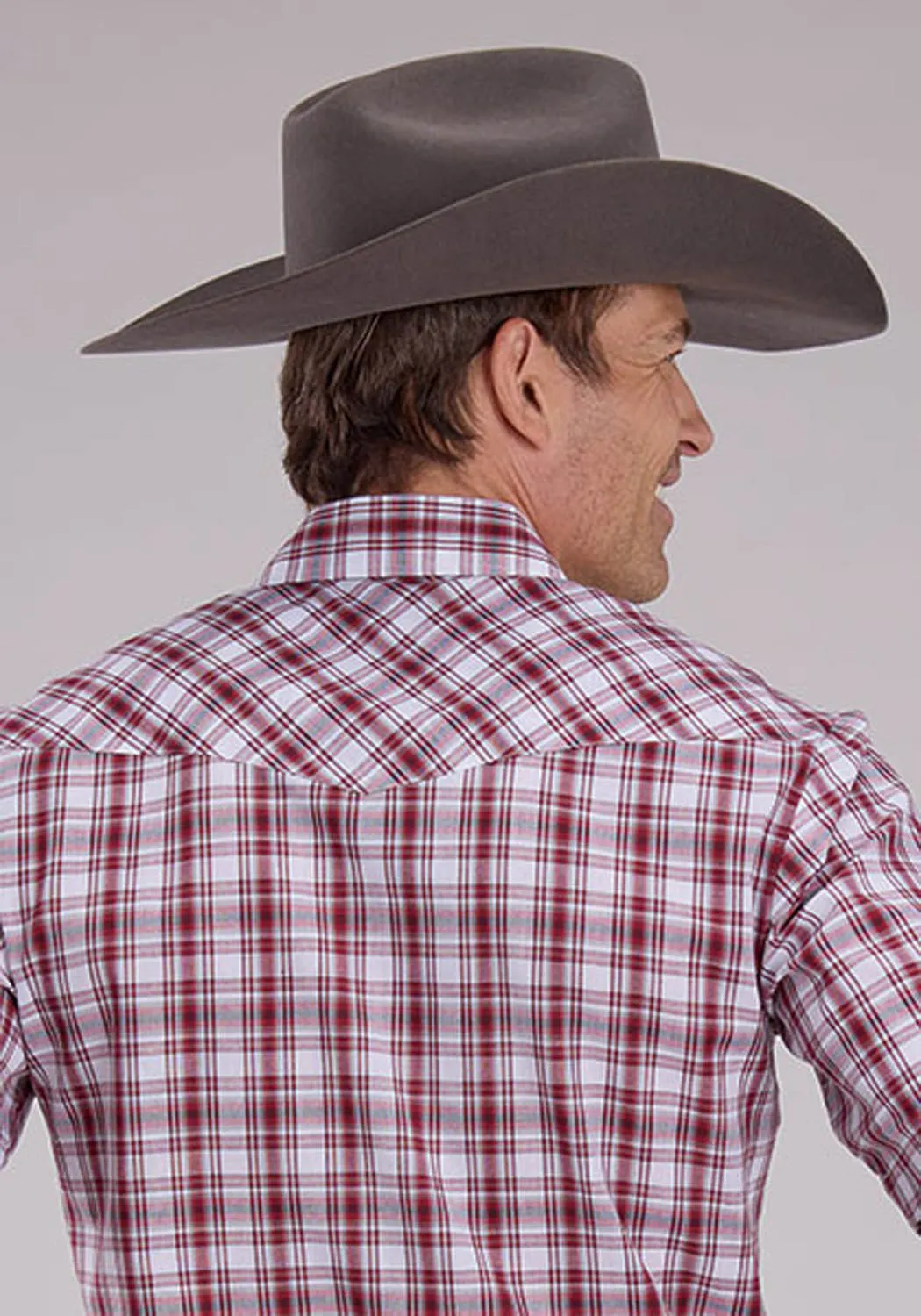 Roper Mens 2485 Western Plaid Red/White Cotton Blend S/S Shirt Non Iron