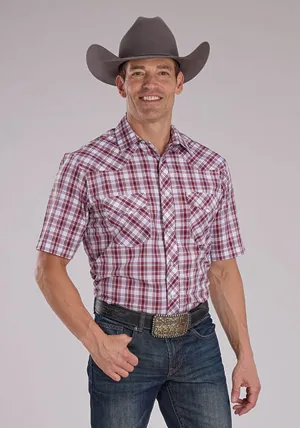 Cool Fit Roper Mens 2485 Western Plaid Red/White Cotton Blend S/S Shirt Checkered Print Flexible Material Roper Mens 2485 Western Plaid Red/White Cotton Blend S/S Shirt