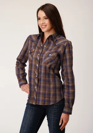 Cool Fit Roper Womens Camel Brown Plaid Blue Cotton Blend L/S Shirt Soft Comfort Roper Womens Camel Brown Plaid Blue Cotton Blend L/S Shirt