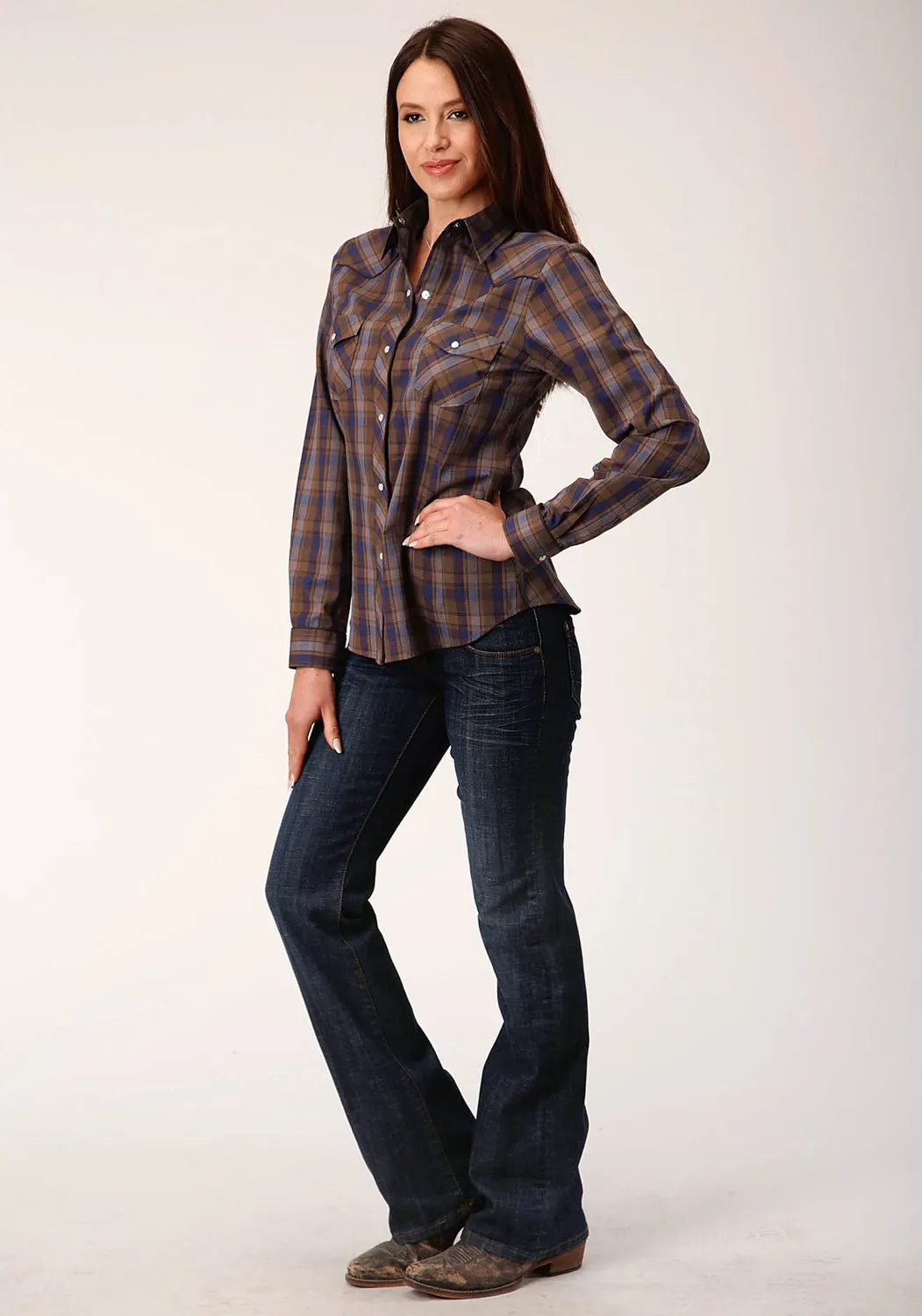 Wrinkle-Free Roper Womens Camel Brown Plaid Blue Cotton Blend L/S Shirt