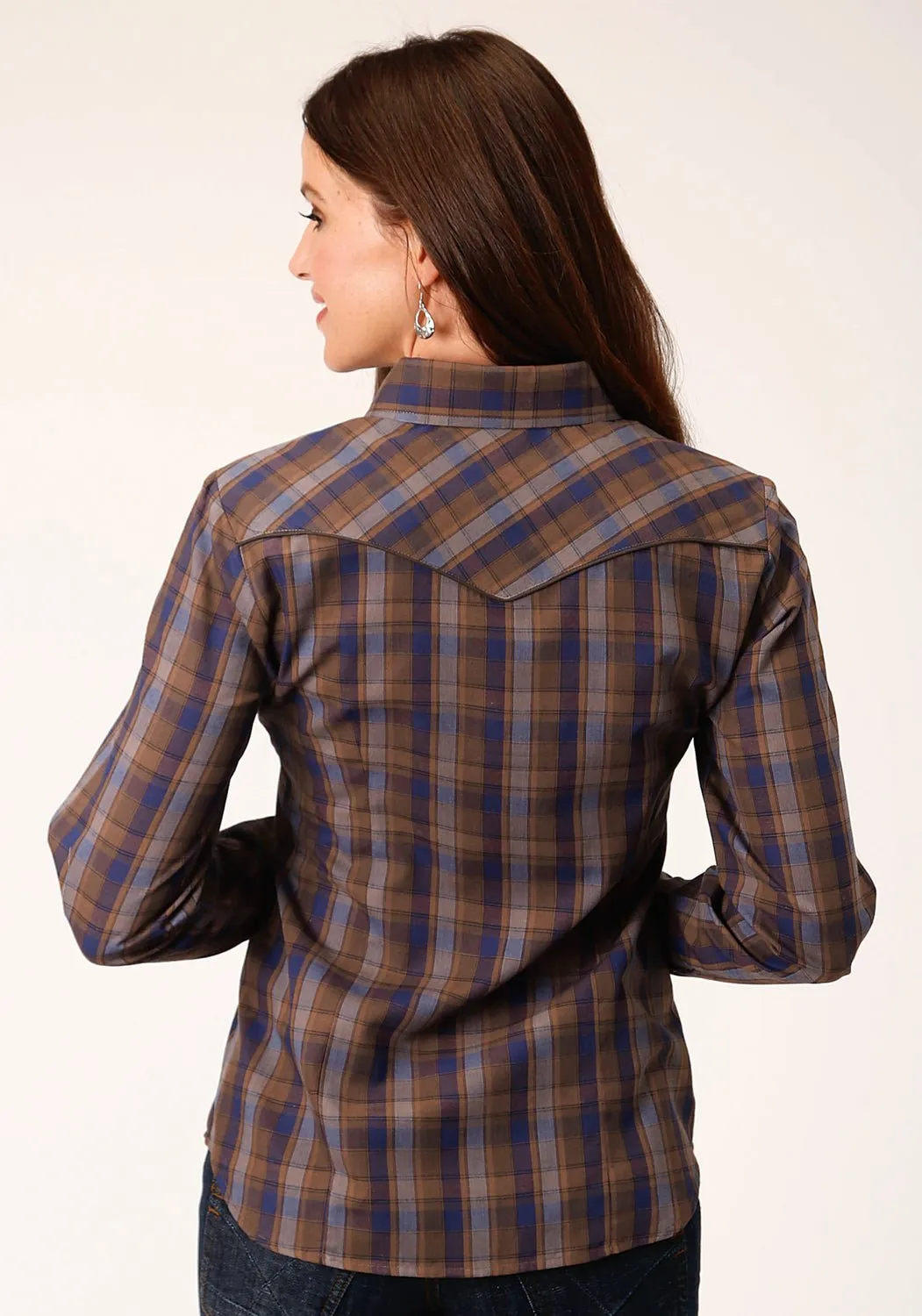 Roper Womens Camel Brown Plaid Blue Cotton Blend L/S Shirt Street Wear Elegant Finish