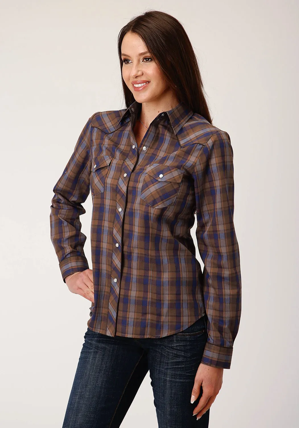 Elegant Finish Roper Womens Camel Brown Plaid Blue Cotton Blend L/S Shirt