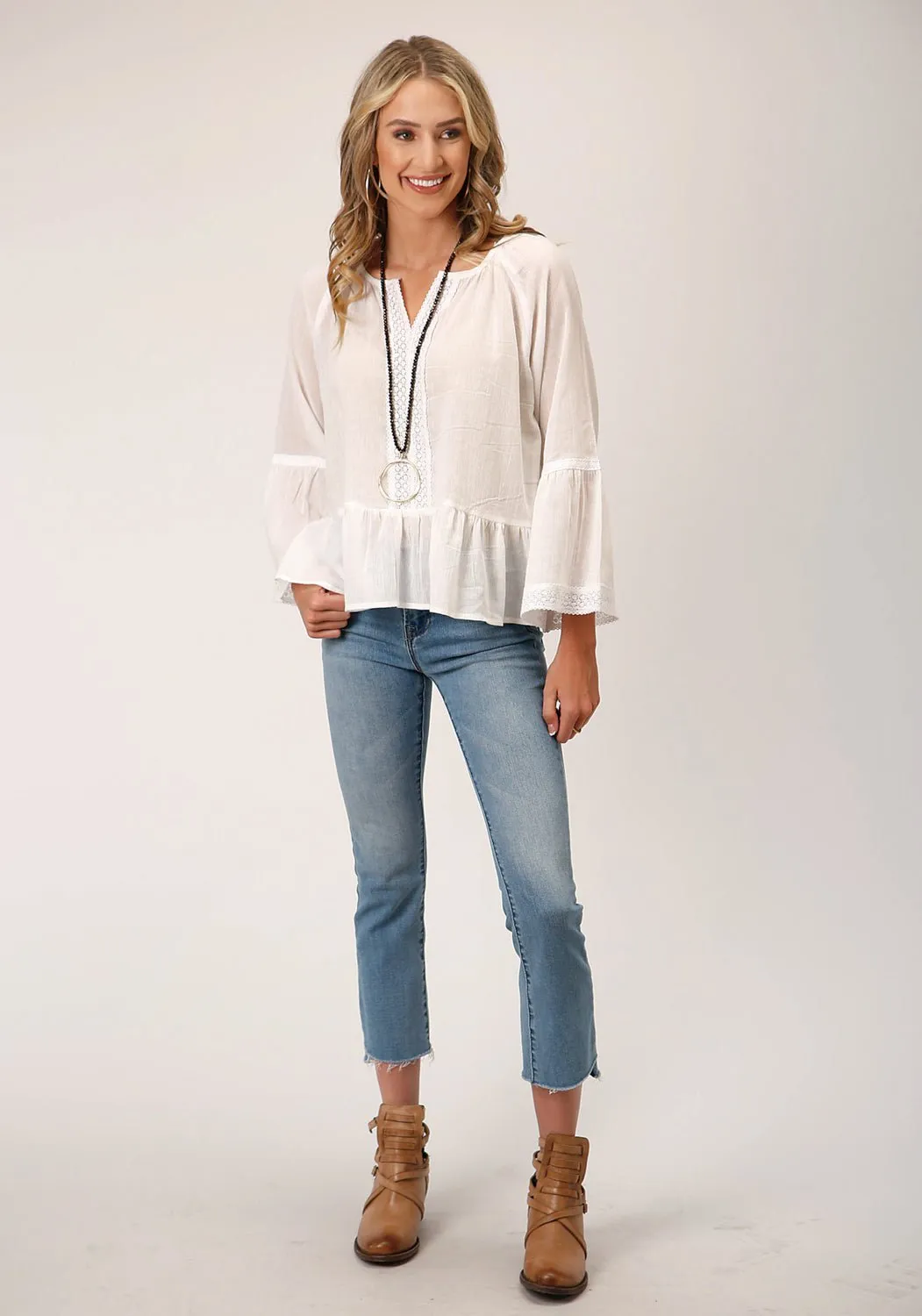 Roper Womens Split Front Neck White 100% Cotton L/S Blouse Timeless Piece Relaxed Wear