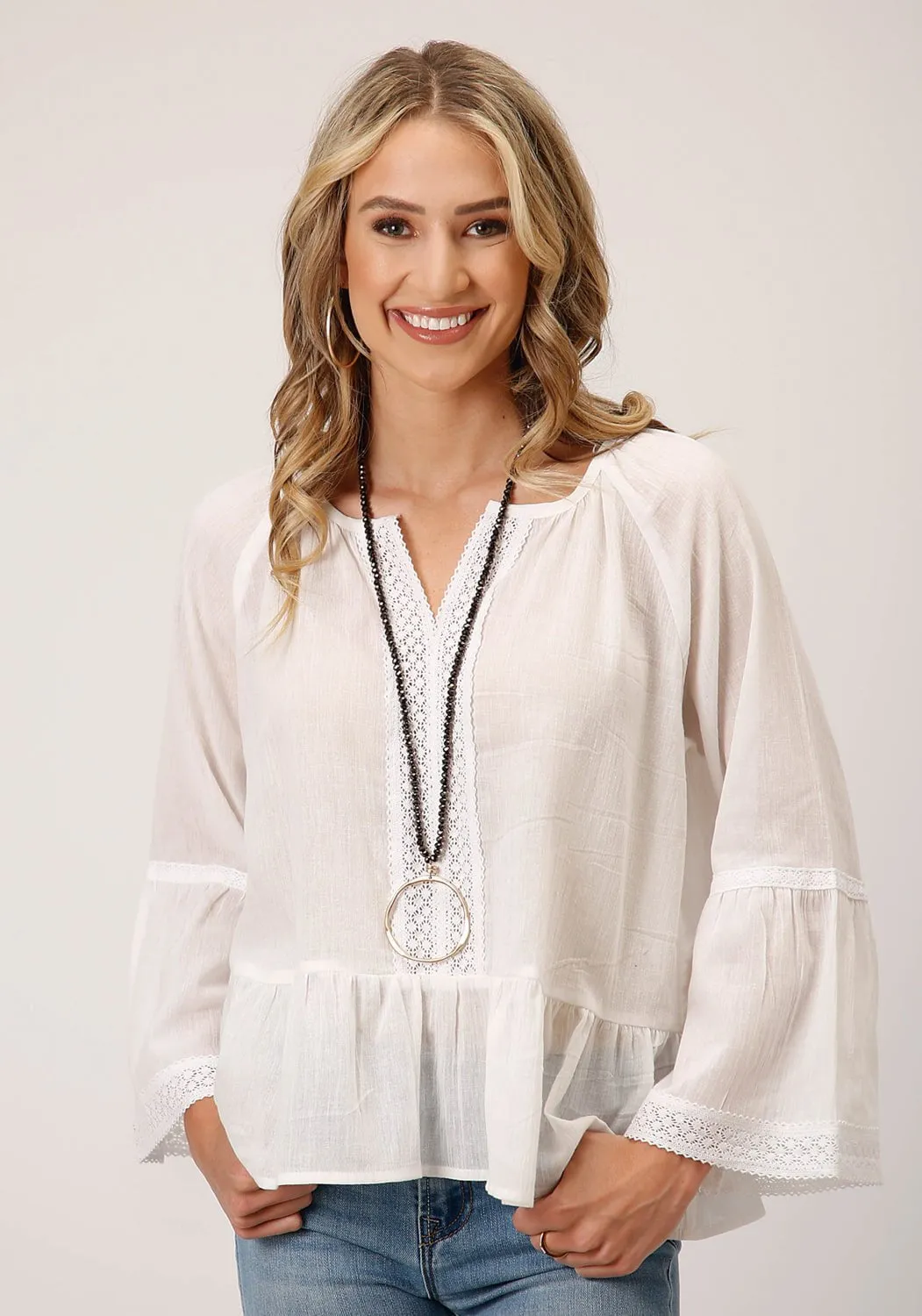 Roper Womens Split Front Neck White 100% Cotton L/S Blouse Chic Wardrobe