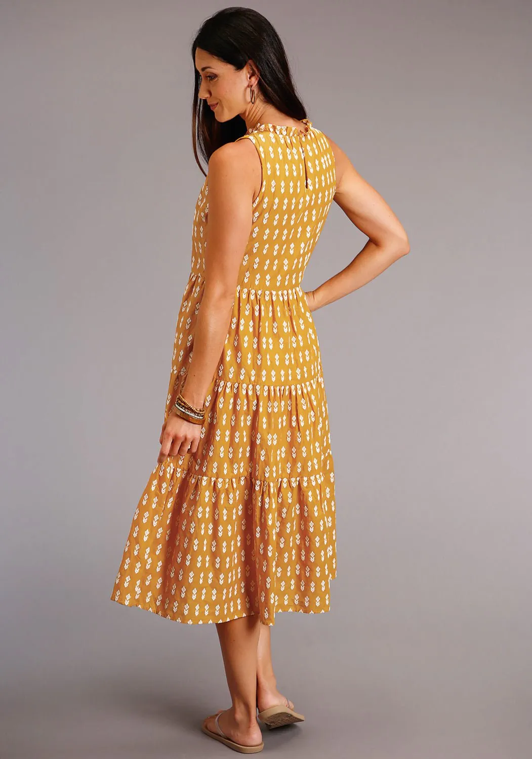 Stetson Womens Yellow 100% Cotton Aztec Schiffli S/L Dress Fashionable Design On The Move