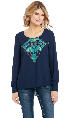 Cool Flair Cowgirl Up Womens Navy Polyester Geo Stitch Lace T-Shirt L/S Autumn Days Outdoor Enthusiast Streetwear Fan Cowgirl Up Womens Navy Polyester Geo Stitch Lace T-Shirt L/S