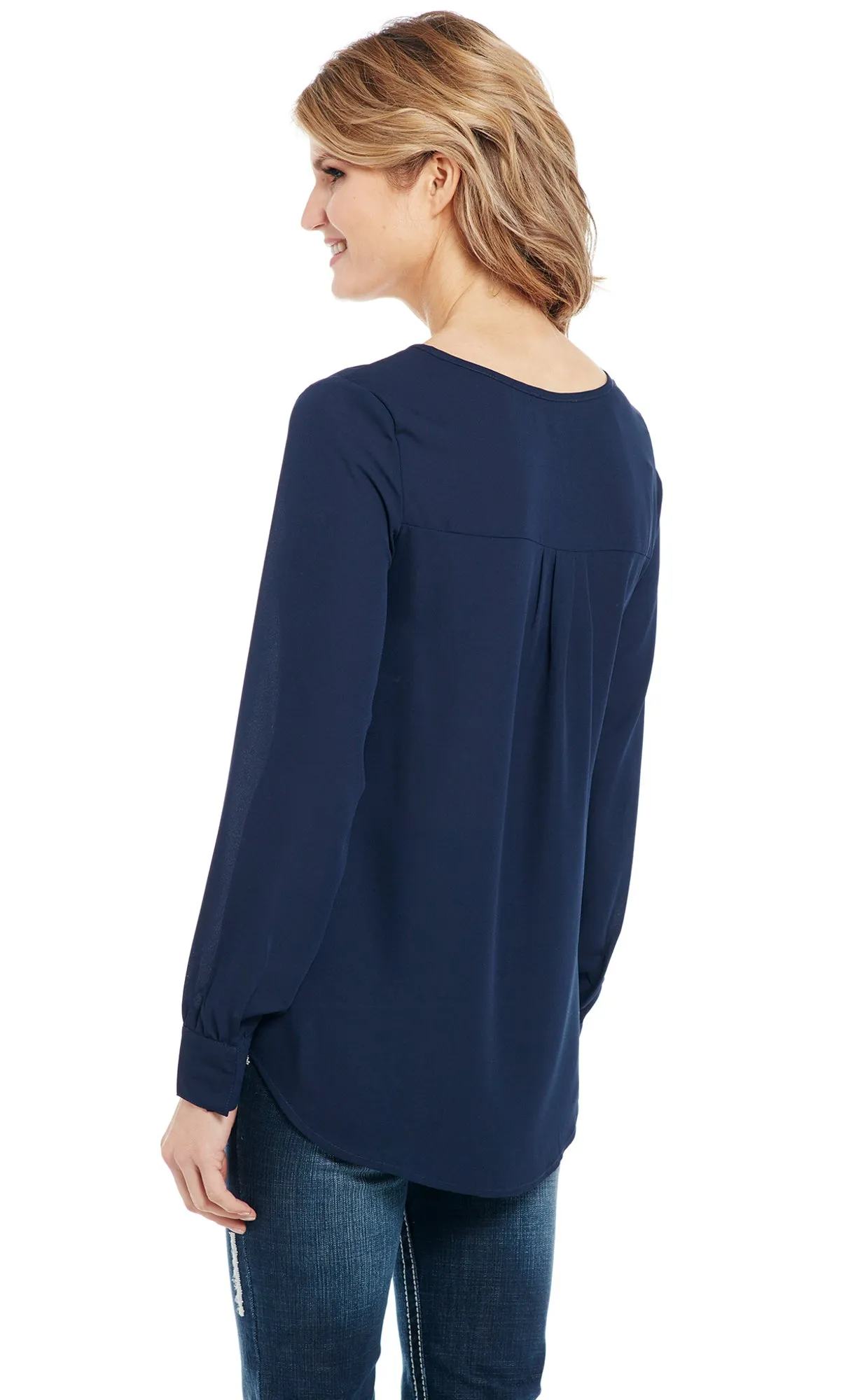 Cowgirl Up Womens Navy Polyester Geo Stitch Lace T-Shirt L/S Textured Versatile Shopping Day
