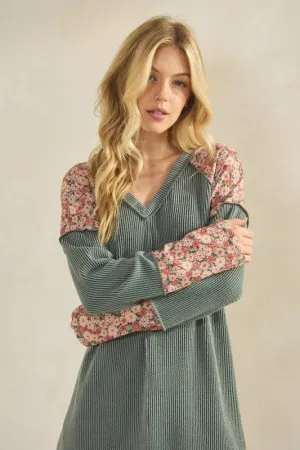 Cool in summer Nora Long Solid Urban Ribbed And Floral Contrast Top Relaxed Armhole Cut Trendy Tops Nora Long Solid Urban Ribbed And Floral Contrast Top